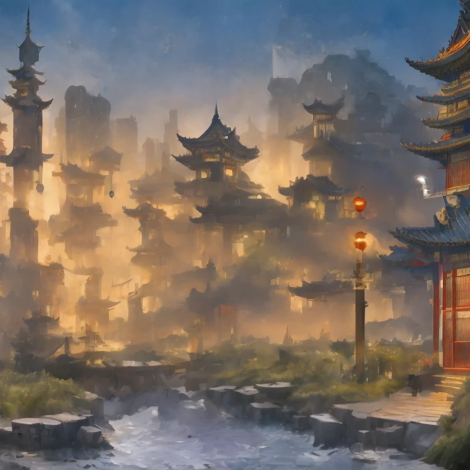 （（（watercolor））））landscape，buildings in a city with a pagoda in the middle of the city, cyberpunk chinese ancient castle, watercolor，stylized urban fantasy artwork, dreamy chinese town, concept art ， highly rendered, game art matte painting, matte painting 4k 8k, cinematic. by leng jun, in a tropical and dystopic city, 8k matte painting, 8 k matte painting，（（（watercolor）））