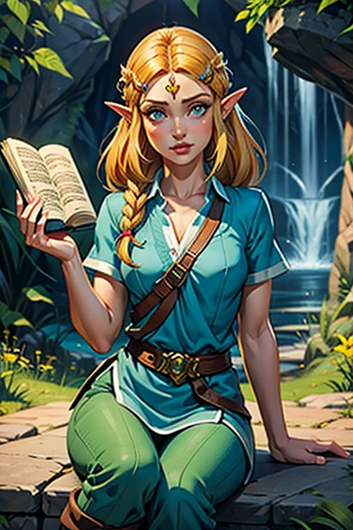 princess zelda, 1 garota, artist request, cinto, cabelo loiro, blue camisa, livro, botas, inexpressivo, corpo todo, olhos verdes, high resolution, olhando para o espectador, Magia, nintendo, pants, Orelhas pontudas, camisa, cabelo curto, fundo simples, Sozinho, a lenda de Zelda, a lenda de Zelda: sopro da natureza, a lenda de Zelda: Tears of the Kingdom, flor feita de luz, Magia