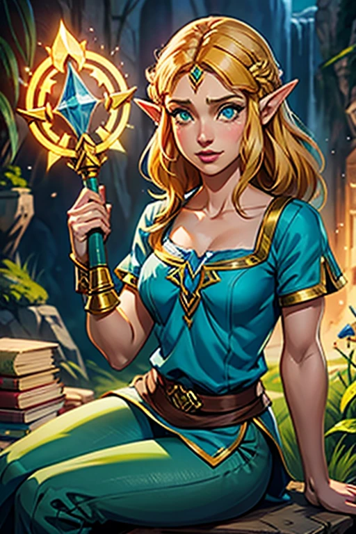 princess zelda, 1 garota, artist request, cinto, cabelo loiro, blue camisa, livro, botas, inexpressivo, corpo todo, olhos verdes, high resolution, olhando para o espectador, Magia, nintendo, pants, Orelhas pontudas, camisa, cabelo curto, fundo simples, Sozinho, a lenda de Zelda, a lenda de Zelda: sopro da natureza, a lenda de Zelda: Tears of the Kingdom, flor feita de luz, Magia