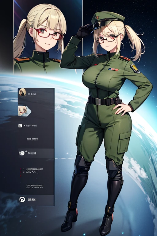 Anime drawings、Full body portrait、Space Sci-Fi Soldier、A curvy military woman, standing upright, about 155cm tall, about 48 years old, wearing a dark green military uniform with protective gear.、Smiling with mouth closed、Her hairstyle is twin tails.、Platinum Blonde Hair、Military bootilitary cap、Glasses、Red Eyes