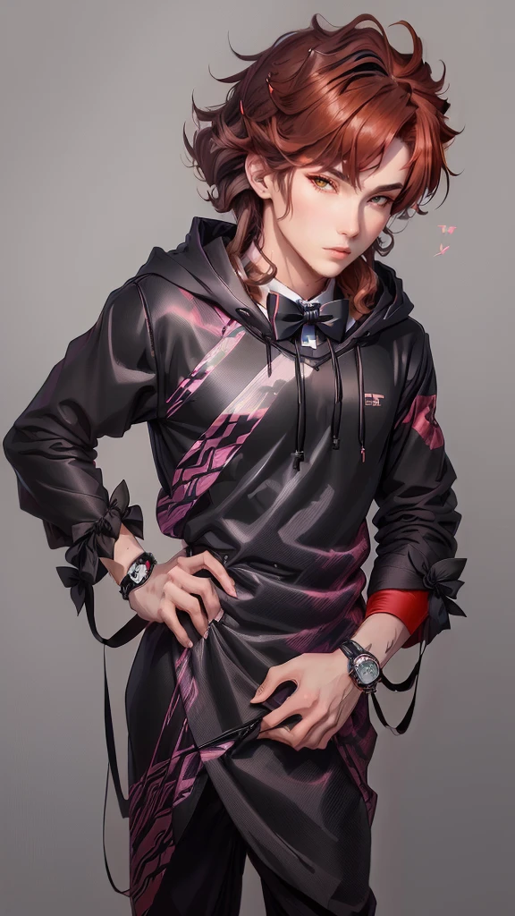 (male anime characters) with a (anime boy) watch. content (anime moe art style), content (1 man). he wears a dress (Black hoodie) and is cute (bow tie) That is one thing. (bow tie), (long floppy bow tie:1.2), or (big bow tie:1.1) Kemonomimi, with (reddish brown hair: 1.3). Katsushika, Neferpitou, anime moe art style, eat and drink
