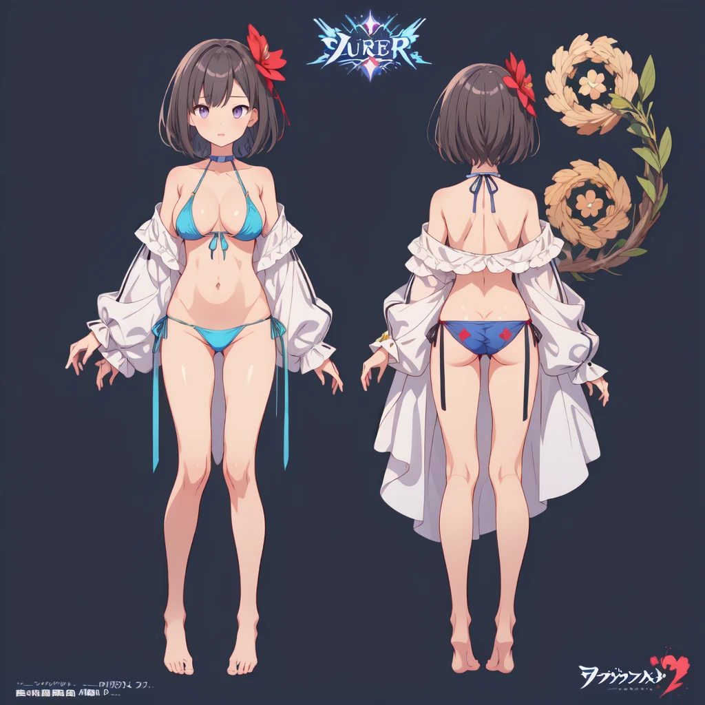 1girl、highest quality、Masterpiece、Official Art、The best composition、Character Design、vtuber-fullbody、Standing in front of the viewer、short hair、dark blue bikini、barefoot、Smaller breasts、Wearing only bikinis、