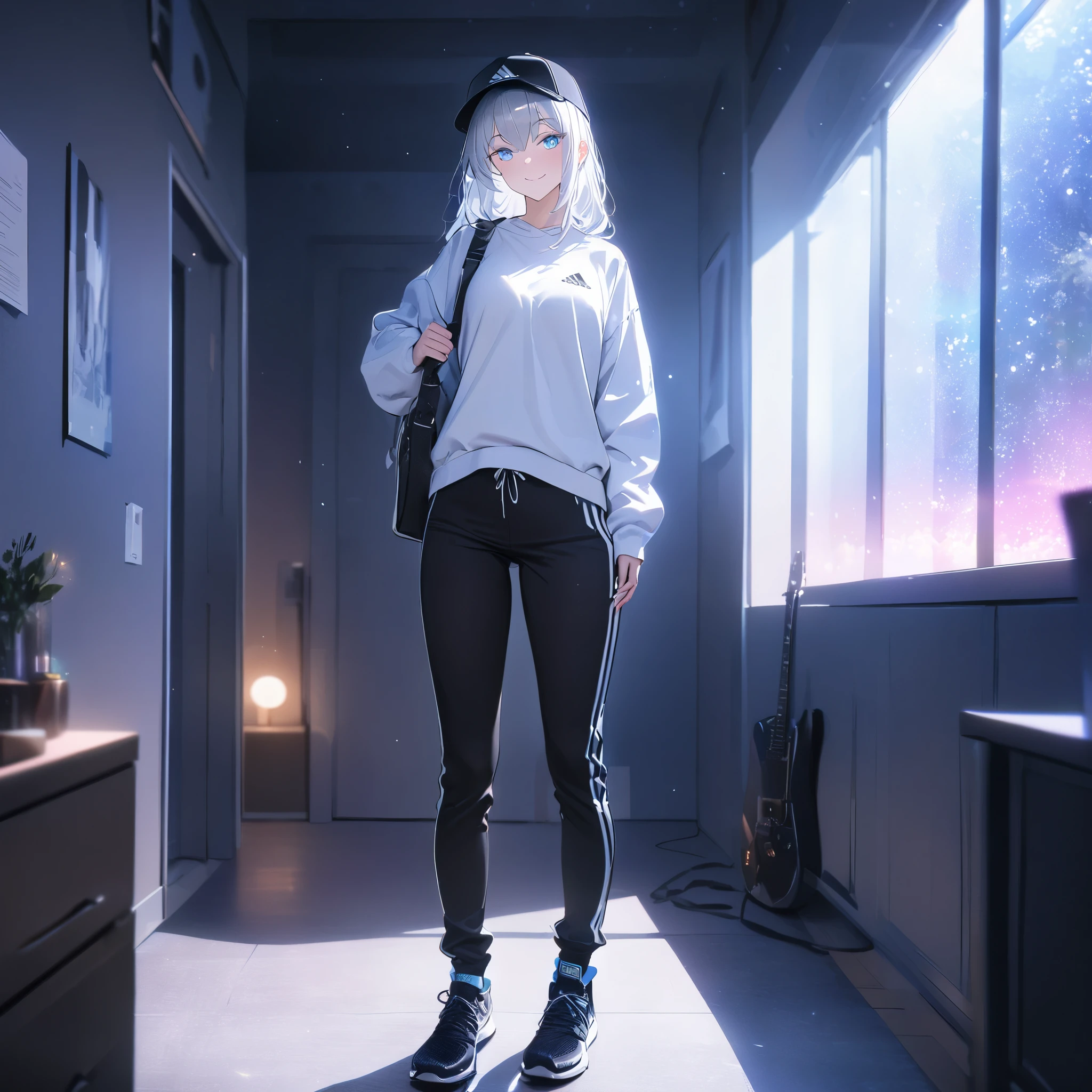 A woman wearing a white sweatshirt, black adidas pants, sports boots, ice white hair, ice blue eyes, smiling, holding an electric guitar, wearing a black cap, in a room of a modern house, standing.full body, illuminated place.,bokeh effect, atmospheric perspective, 8k , super detail, accurate, best quality, award winning, textured skin, high resolution, anatomically correct(solo woman)

