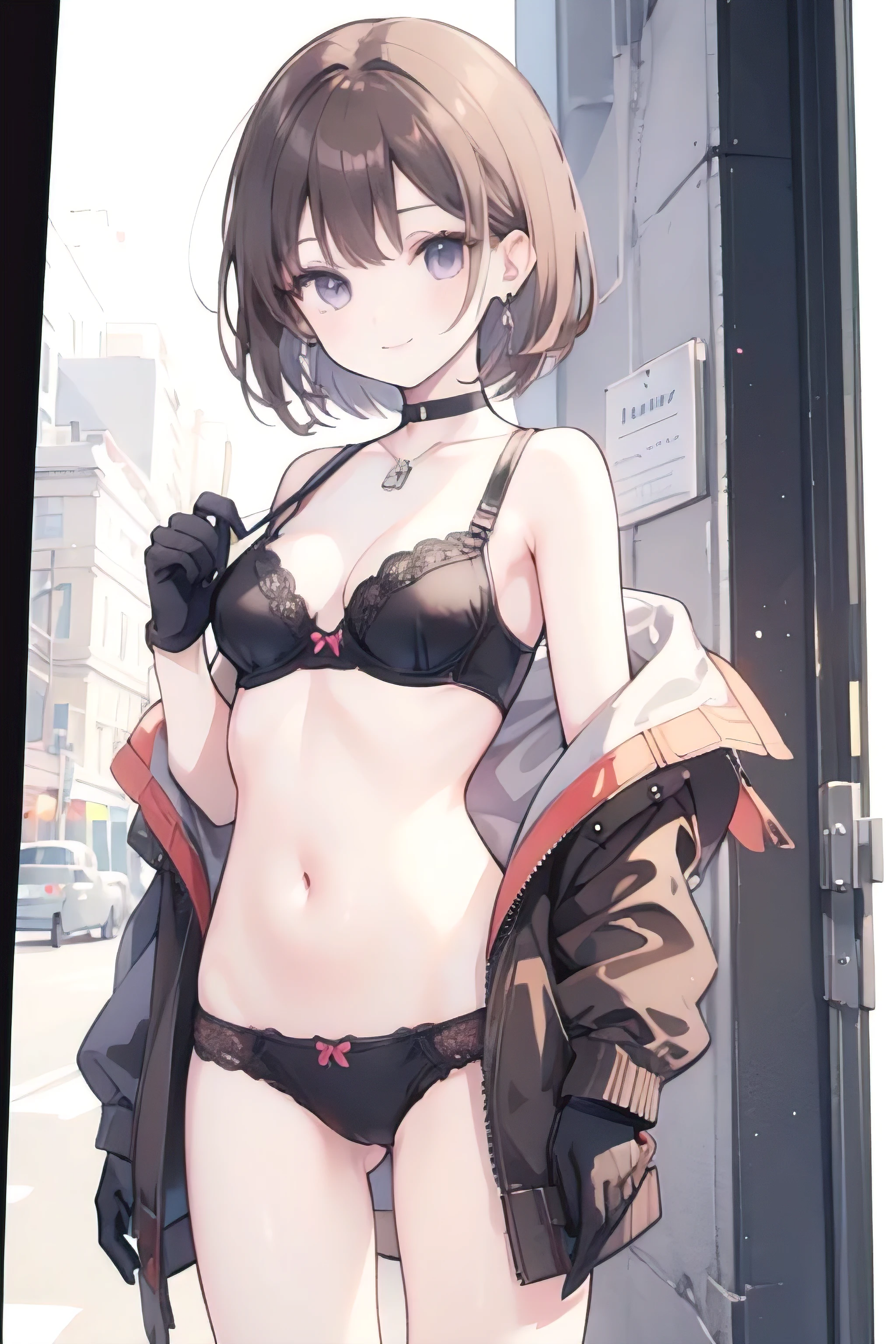 1girl, anime_coloring, black_eyes, black_gloves, brown_hair, choker, earrings, gloves, jewelry, letterboxed, parody, short_hair, smile, solo, style_parody, / photography of a 20yo woman, perfect face, masterpiece, bra, underwear, brown_bra, jacket, brown_