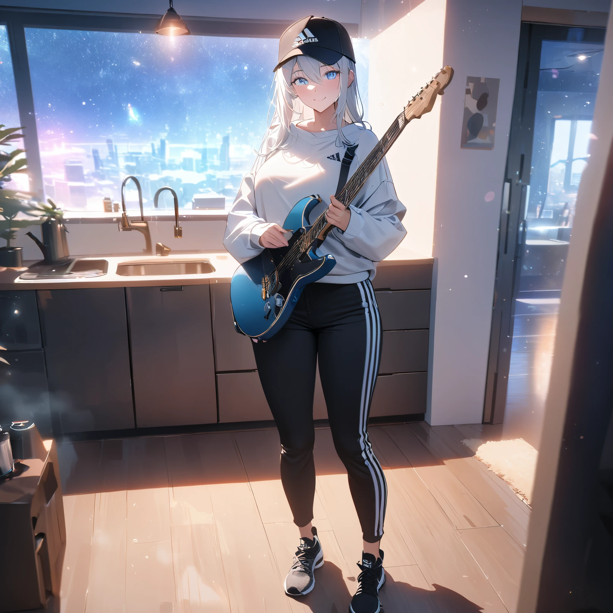 A woman wearing a white sweatshirt, black adidas pants, sports boots, ice white hair, ice blue eyes, smiling, holding an electric guitar, wearing a black cap, in a room of a modern house, standing.full body, illuminated place.,bokeh effect, atmospheric perspective, 8k , super detail, accurate, best quality, award winning, textured skin, high resolution, anatomically correct(solo woman)

