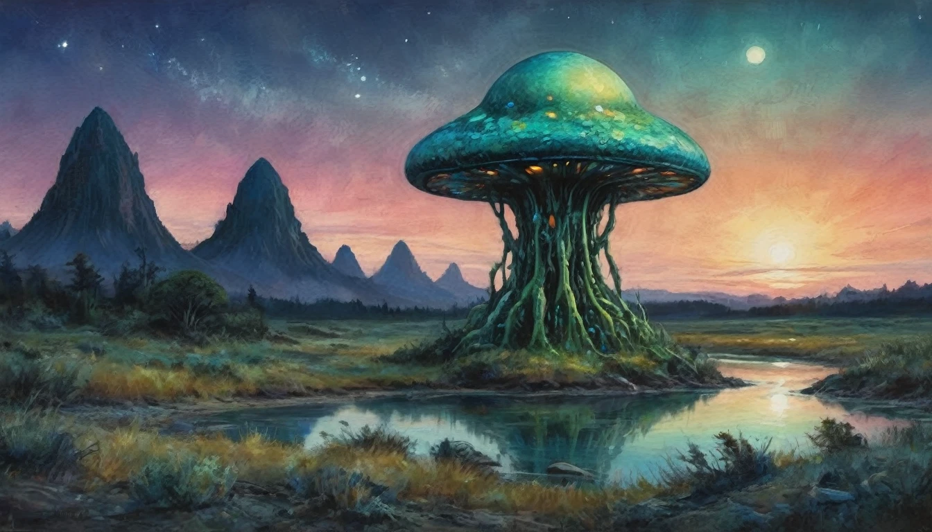 An alien fungoid world with bio luminescent structures, twilight, watercolo9r landscape