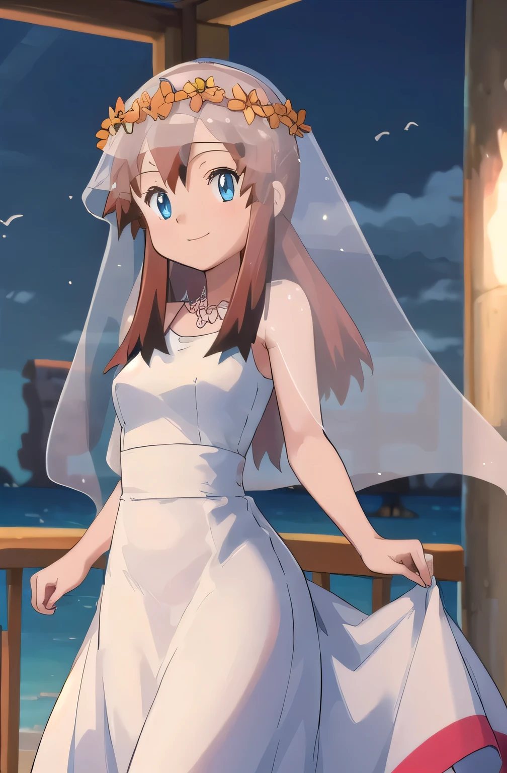 ((masterpiece, best quality)), anime style, Melody_Pokemon, blue eyes, long hair, brown hair, white dress, blue tank, bridal veil, flowers, head wreath, solo, smiling, looking at viewer, cowboy shot,, curvy,,
