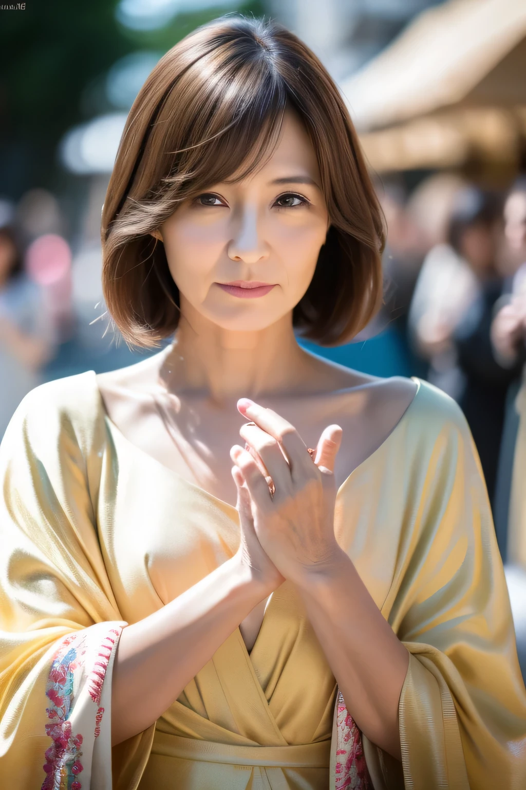 myself woman 55 years old Bob Hair Brown Hair Beautiful Hair Shiny Hair Expressionless Calm expression Japan( sharp ), (Facing the children_v1:0.7), (8k, highest quality), Unconscious, Please open your eyes, Big perfect hands, Detailed fingers, wedding ring, High resolution, original, (Flat Color:0.9),(colorful:1.1),(masterpiece:1,2), highest quality, masterpiece, High resolution, original, Highly detailed wallpaper, Audience'Perspective, alone, Portraiture, Mature Woman Body Set, When I look at this, Floral Background,Natural wrinkles, Wrinkles around the eyes, Surreal, Natural Skin, Natural Hair Color, Bright red lips