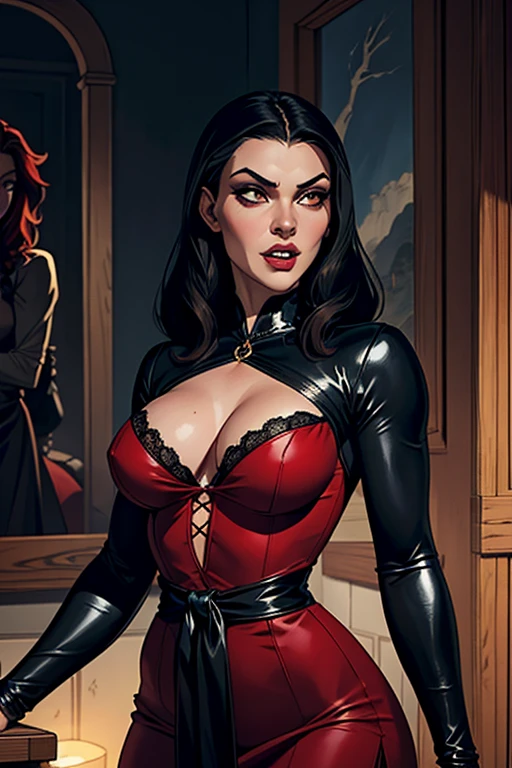 (SFW)2garotas,1vampira de cabelos longos prateados,orelhas pontudas,olhos vermelhos, thin lips with fangs,rosto redondo,seios pequenos, slim waist wearing a sensual crimson red gothic dress next to a female werewolf,cabelos longos castanhos crespos,orelhas pontudas,olhos castanhos, thin lips with fangs, Rosto redondo,seios grandes,usando jaqueta de couro negro estilo selvagem,expressive scene and setting with natural lighting,a vampire and a female werewolf (SFW)