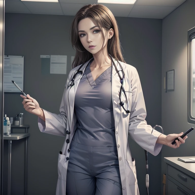 Marla Sucharetza, Sexy doctor, Curly auburn hair, Blue eyes, Standing, ((doctors office)), sharp outline, a natural female, 35 year old, Best Quality, masterpiece, doctor_uniform, labcoat, stethoscope, doctor,scrub top, tight scrubs, scrub trousersdoctor_uniform, labcoat, stethoscope, doctor