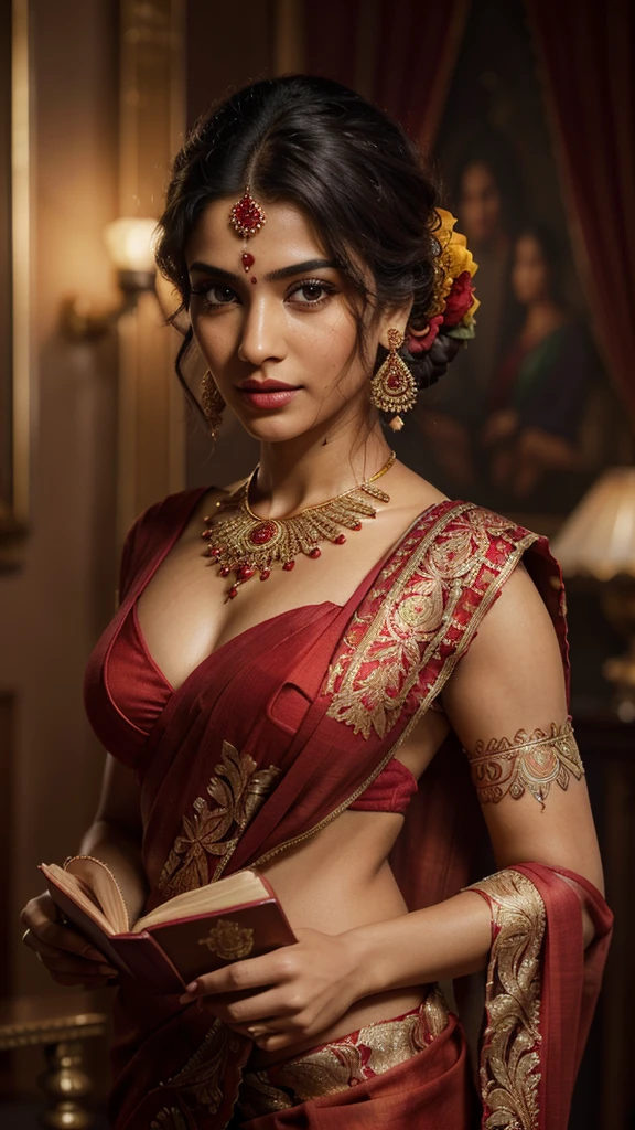 (Highly Detailed, Portrait, Intricate, Attractive Body, Beautiful Eyes, Beautiful Lips, Extremely Detailed Face, Long Eyelashes), ((Full Body Portrait)), Cinematic, Portrait, Dynamic Lighting, Most Beautiful Portraits, Indian Celebrity, (Wearing Traditional Indian Red Sari), Traditional Indian Clothing, Indian Jewelry, Symmetrical Face, Stunning Art, Intense Look, Detailed, Red Lips, Messy Strands of Hair, Detailed Hair, Intense Look, (Best Quality, 4k, 8k, High-Res, Masterpiece: 1.2), Ultra-Detailed, (Realistic, Photorealistic, Photorealistic: 1.37), Vivid Colors, Sharp Focus, Portrait, Studio Lighting, Holding a Golden Book in a Dark Room, (SFW), (Light Skin Color)