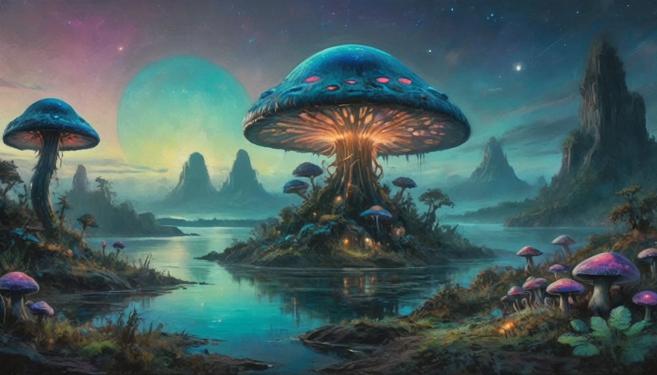 A highly detailed, hyper-realistic alien fungoid world, bioluminescent structures, twilight, watercolor landscape, vibrant colors, dramatic lighting, ethereal, glowing mushrooms, floating islands, alien flora and fauna, serene atmosphere, mystical, imaginative, stunning scenery, otherworldly, beautiful detailed alien landscape, photorealistic, 8k, best quality