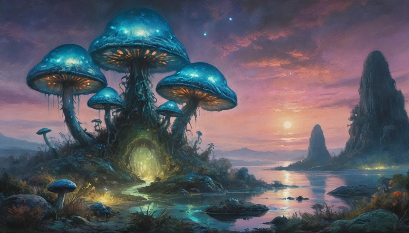 A highly detailed, hyper-realistic alien fungoid world, bioluminescent structures, twilight, watercolor landscape, vibrant colors, dramatic lighting, ethereal, glowing mushrooms, floating islands, alien flora and fauna, serene atmosphere, mystical, imaginative, stunning scenery, otherworldly, beautiful detailed alien landscape, photorealistic, 8k, best quality
