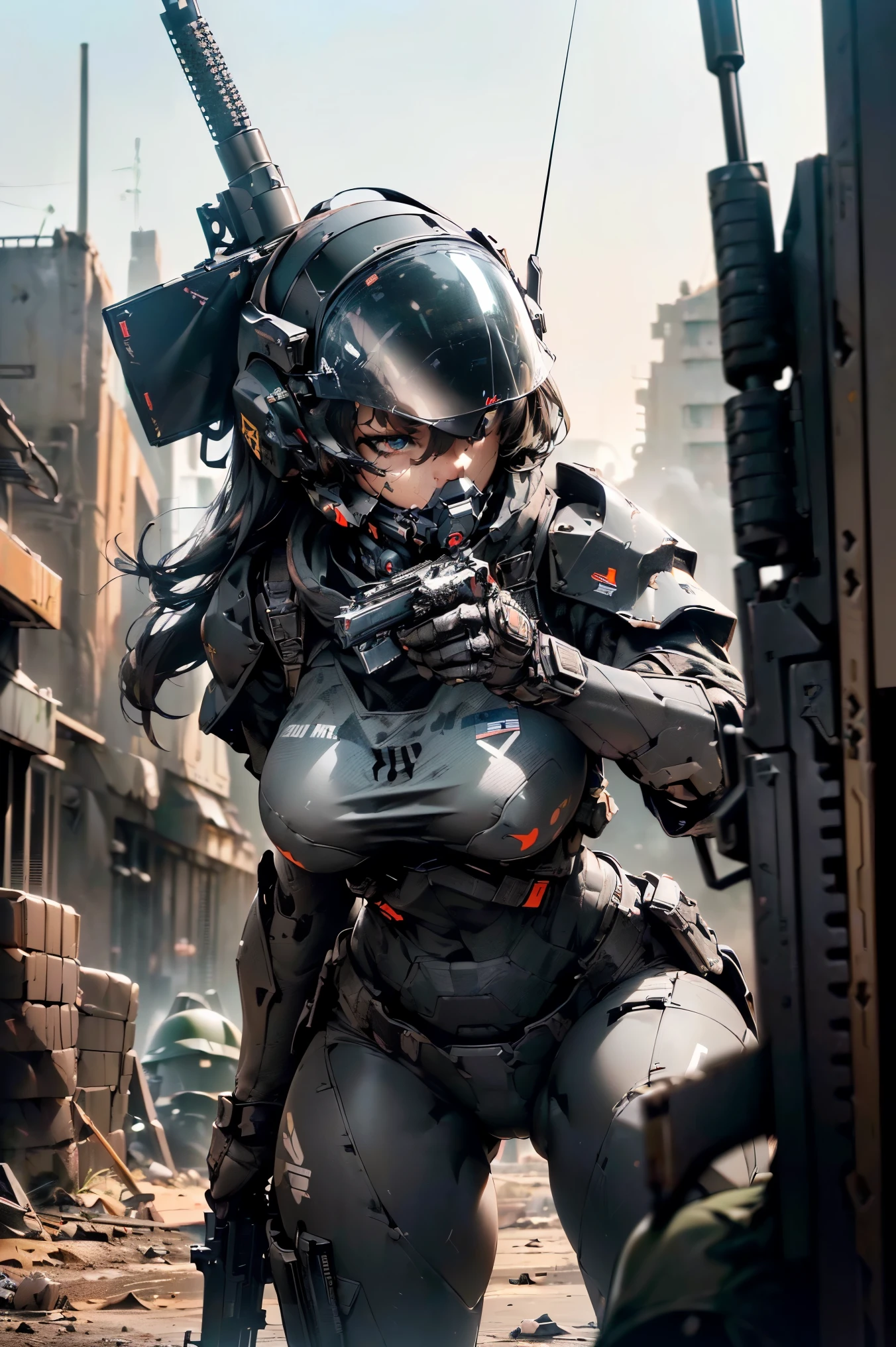 ((best quality, 8k, masterpiece: 1.2, ultra detailed, , a heavy mecha, hard surface)), (Armored core style: 1.0), (Big breasted woman with team U.S.ARMY robot armor GLOSSY BLACK) ,(((aiming at something with a rifle:1.4))),(((Looking into the sights of a rifle:1.4))),(((black body:1.5))),(The armor has the U.S. logo. ARMY..:1.4),(open tactical helmet:1.3),(One eye detailed:1.3),(One face detailed:1.3),(Weapons detailed:1.3),(body detailed:1.3),(full bodyesbian:1.5 ),(The background is a WAR city.:1.5),natural