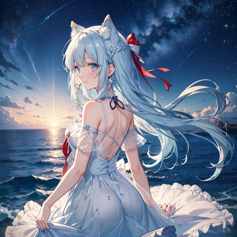 Wolf Cut、Wolf Ears,Earrings、Delicate painting、Anime illustration、Ocean Background、Thin Hair、A smile without hesitation,Clear Eyes,Light blue hair girl,profile,Starry sky print dress,Red long dress,Big ribbon,Heavenly Maiden's Feather Robe, sit,
