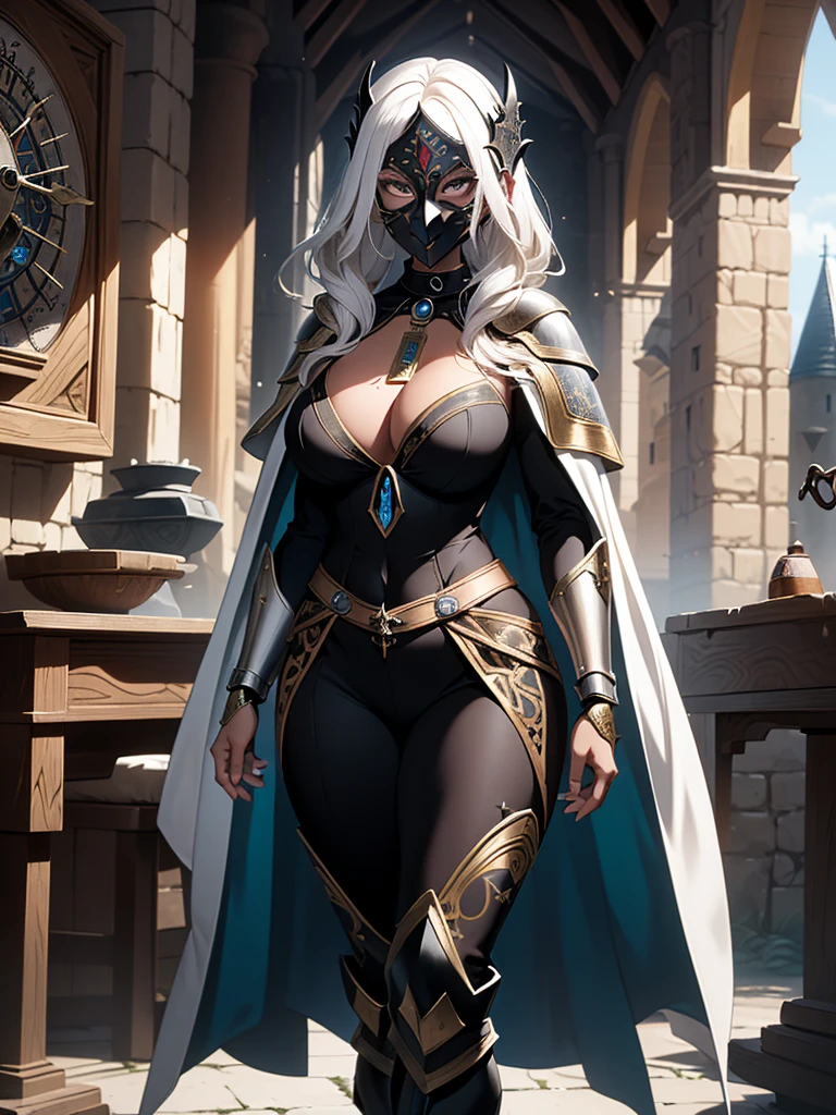 (masterpiece, best quality), (Official art, masterpiece, 8k, Ultra HD, ultra-detailed), ultra-detailed, full-length photo of a beautiful 32 year old woman, alone, ((dark skin)), white hair, wearing medieval mask, wearing tight black jumpsuit with light armor, wearing a magic watch amulet around her neck, large breasts, cleavage, ultra detailed, (ultra detailed face), (1 dark skinned woman), long white hair, ((((wearing ultra-detailed medieval mask)))), witch items, (((wearing magic clock amulet around neck))), ultra-detailed, ((gauntlets and high-heeled boots)), belts, (ideal body proportion), full body, ((black jumpsuit with light armor)), ultra-detailed character, wallpaper, pinterest, Fantasy Art, (Fantasy art), fantasy scene, (medieval village scene background), wallpaper, pinterest, frontal photo, exterior, cinematic photo, natural light, full body photo, wallpaper, pinterest, badass image, perfect photo, volumetric lighting