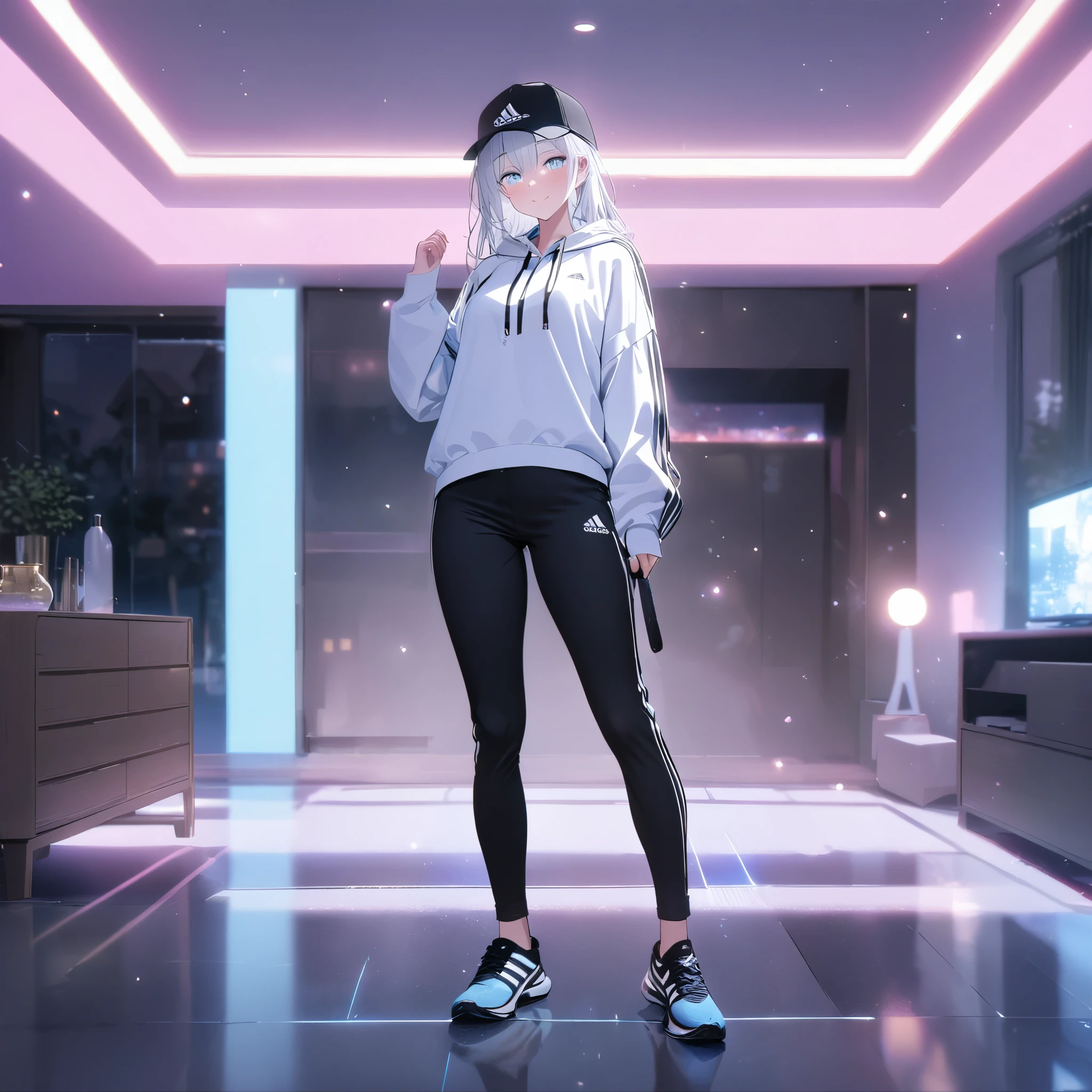 A woman wearing a white sweatshirt, black adidas pants, sports boots, ice white hair, ice blue eyes, smiling, holding an electric guitar, wearing a black cap, in a room of a modern house, standing.full body, illuminated place.,bokeh effect, atmospheric perspective, 8k , super detail, accurate, best quality, award winning, textured skin, high resolution, anatomically correct(solo woman)

