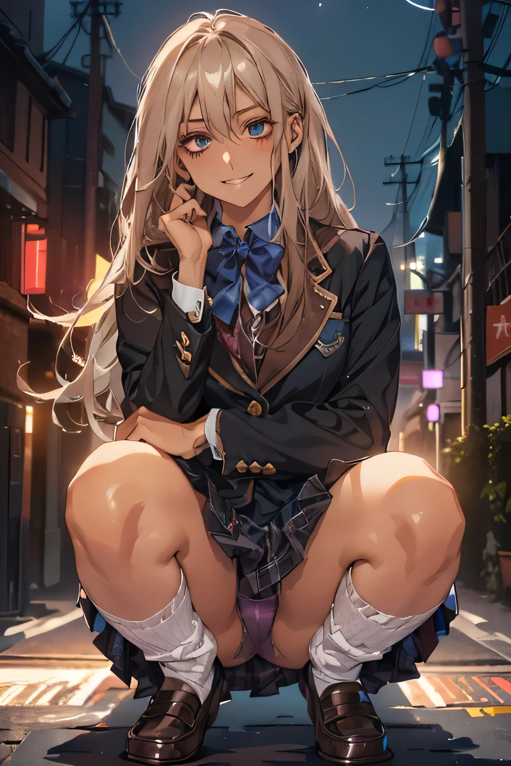 ((Perfect Anatomy:1.3,Realistic:1.3,RAW Photos:1.3,masterpiece、highest quality、Ultra - High resolution、High resolution、Highly detailed CG、8k)),Cowboy Shot. 1 female,alone,18-year-old、high school girl,beautiful girl,((Beautiful Eyes:1.2,Big Beautiful Eyes:1.3,)),Platinum Blonde,Long Hair,(Center parted hair:1.4,amount),Small Head:1.3,((Provocative smile)),thin,((Dark brown skin:1.6)),(Oily skin,Glowing Skin,Shiny skin,(school uniform、Dark blue blazer jacket、Dark blue plaid pleated mini skirt,White socks,Black Loafers),(Show the viewers your dark purple panties),squat. The background is a dirty back alley、((dark)),((At night))、Tokyo.