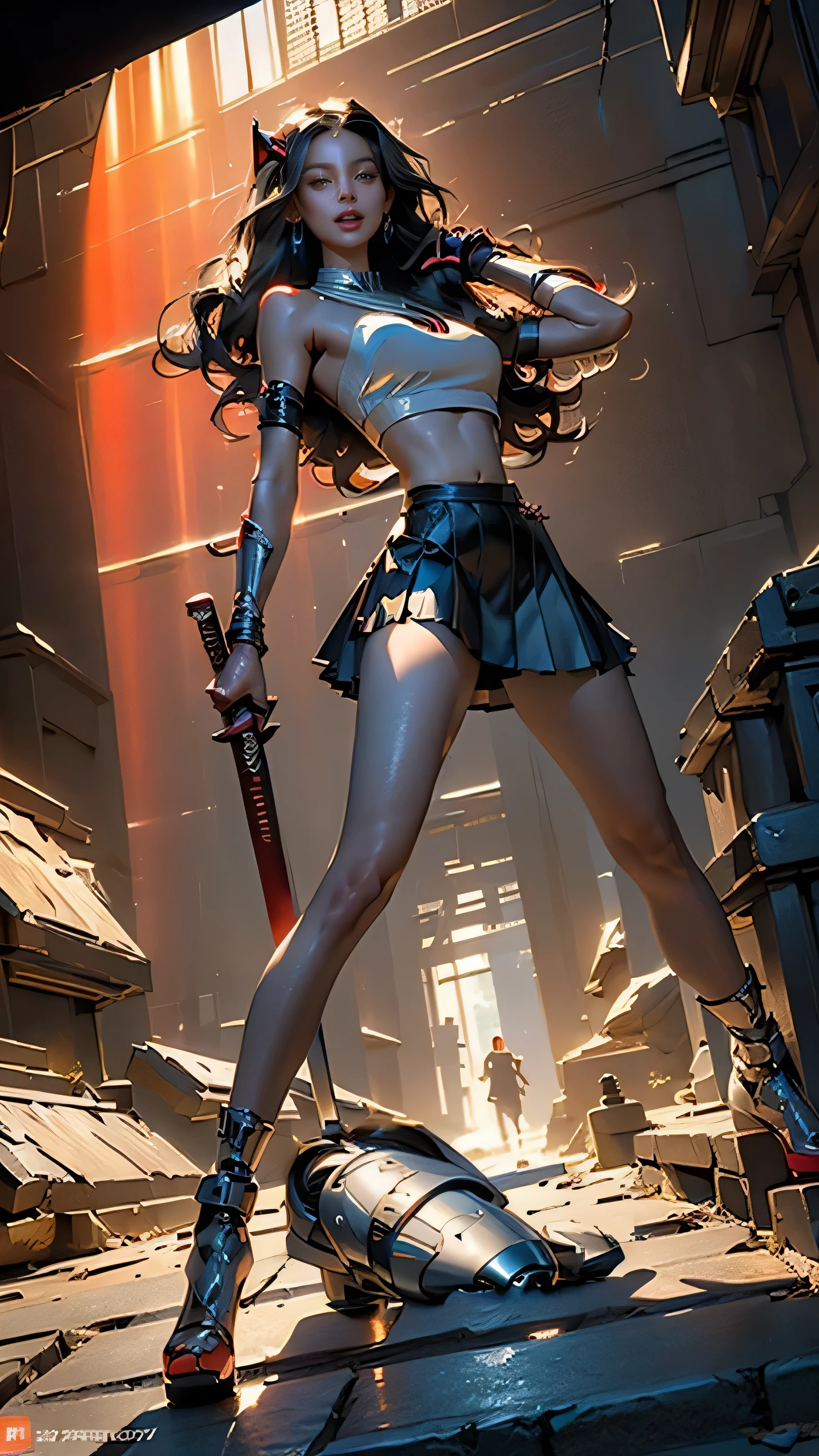 Put a highly detailed cyborg head at the end of her sword with it's robotic body a tiny bit a way, maximum detail, 8k, UHD, HDR, cinematic