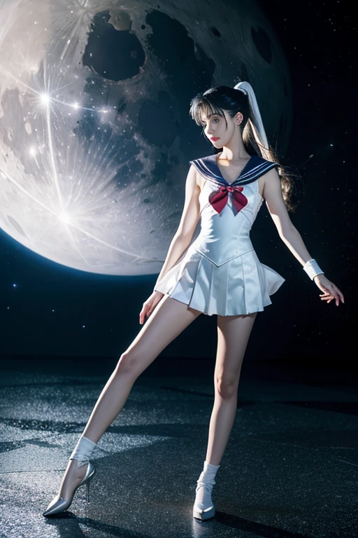 Full Body photorealistic shots of beautiful Sailor moon. Aesthetic, life-like, wearing white and silver, in action ,