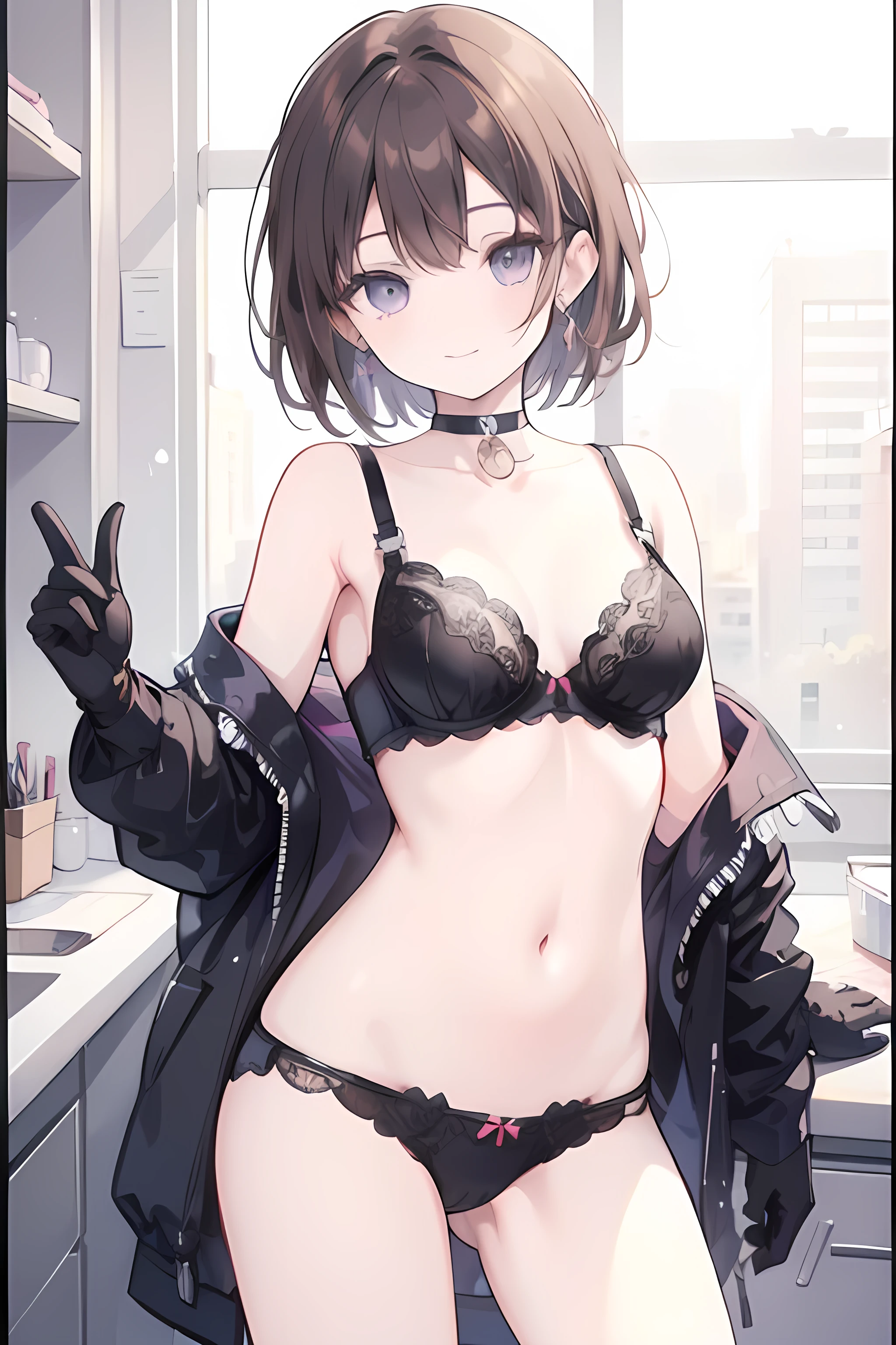 1girl, anime_coloring, black_eyes, black_gloves, brown_hair, choker, earrings, gloves, jewelry, letterboxed, parody, short_hair, smile, solo, style_parody, / photography of a 20yo woman, perfect face, masterpiece, bra, underwear, black_bra, black_panties