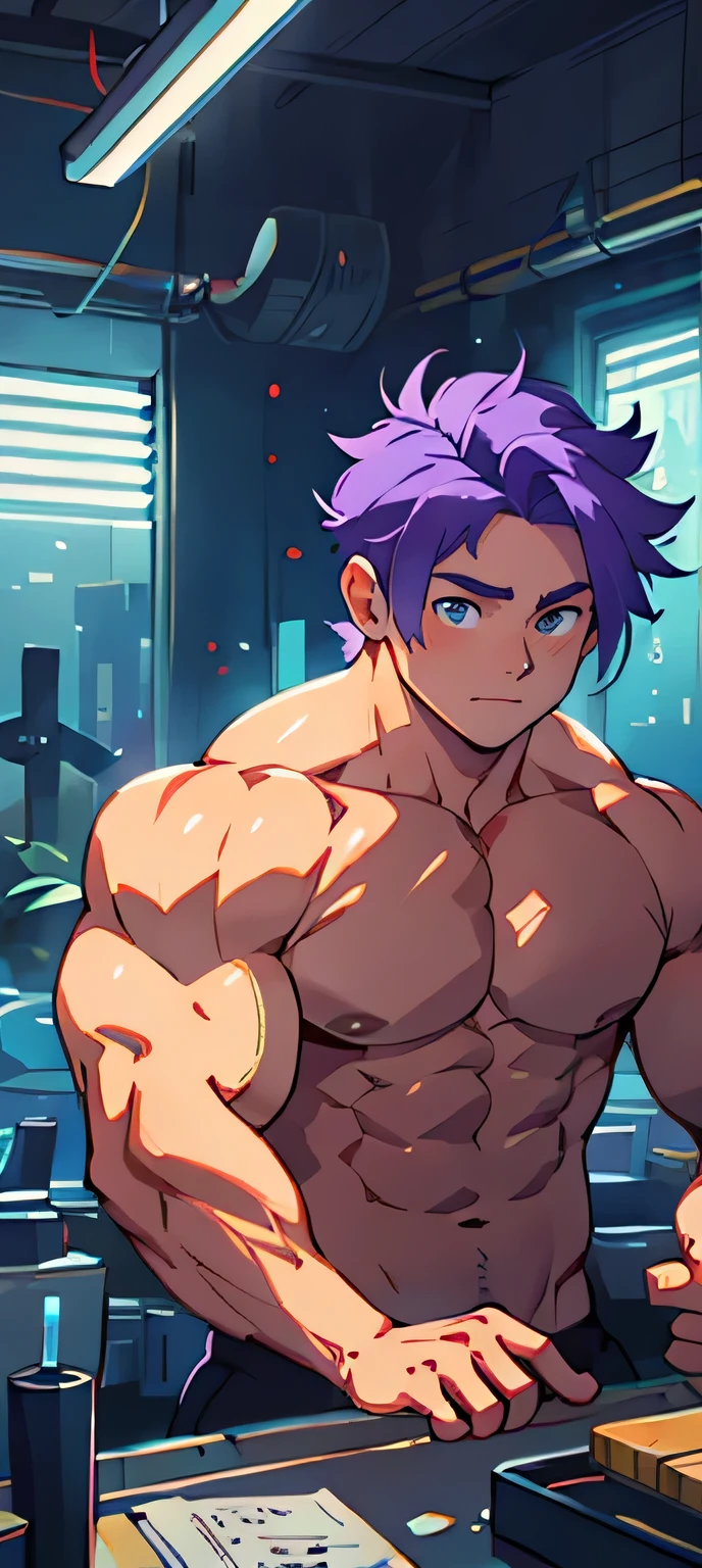 （masterpiece，best quality，H），1 person，Nude boy，very shy，Face turned red，Shy，muscular，delicate eyes，nude，(nude)，blue eyes，Shirtless，Upper body body，short blue-purple hair，（Fluorescent lamp），（a color），（（abstract background））