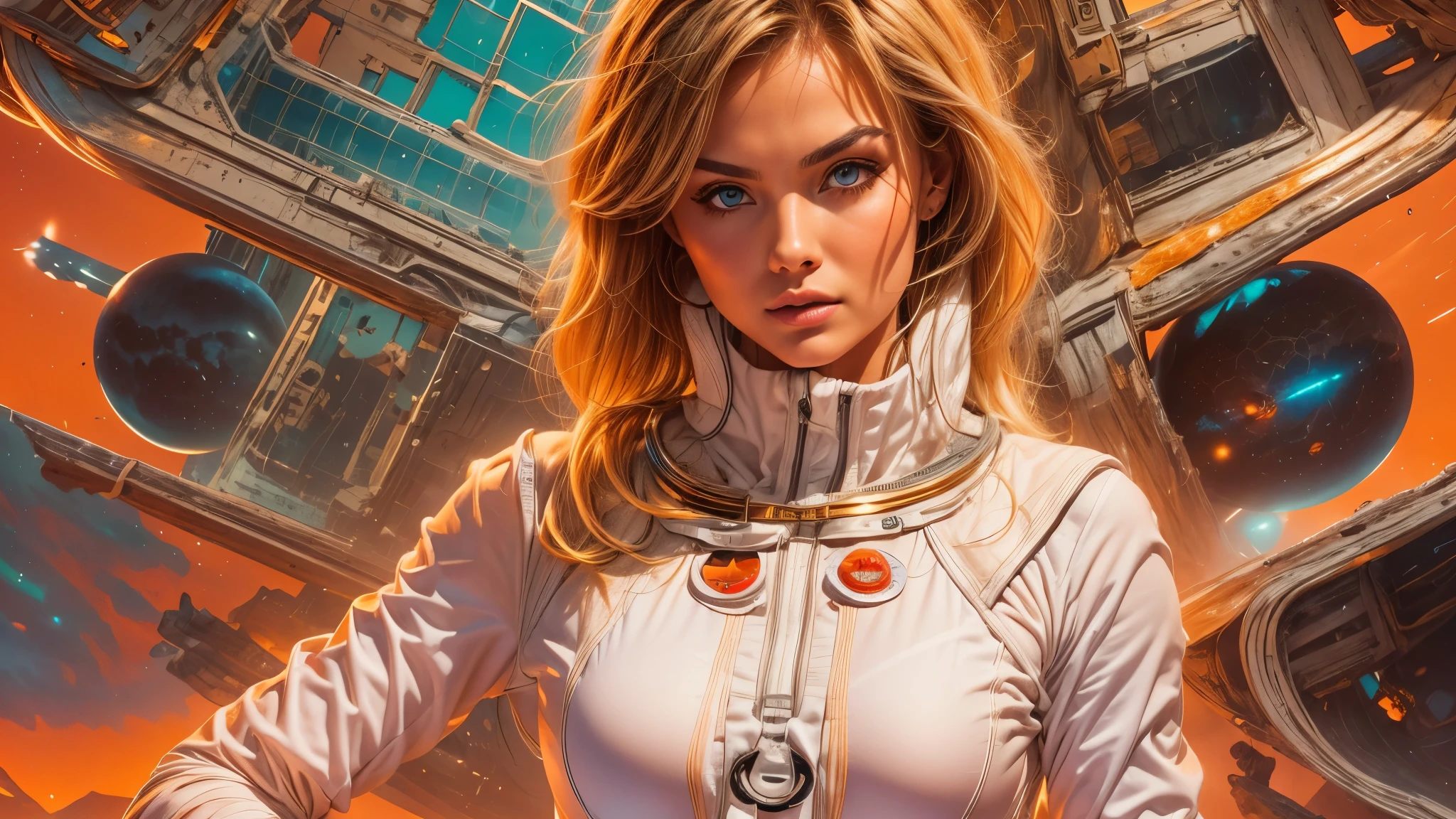 arafed image of a white woman in a futuristic suit with a spaceship in the background, movie art, in front of an orange background, inspired by Robert McGinnis, female protagonist, megastructure in the background, portrait of an ai astronaut, astronauts, an astronaut, portrait of a astronaut skeletor, perfect android girl, detailed eyes, perfectly detailed teeth, frank franzzeta and sakimichan