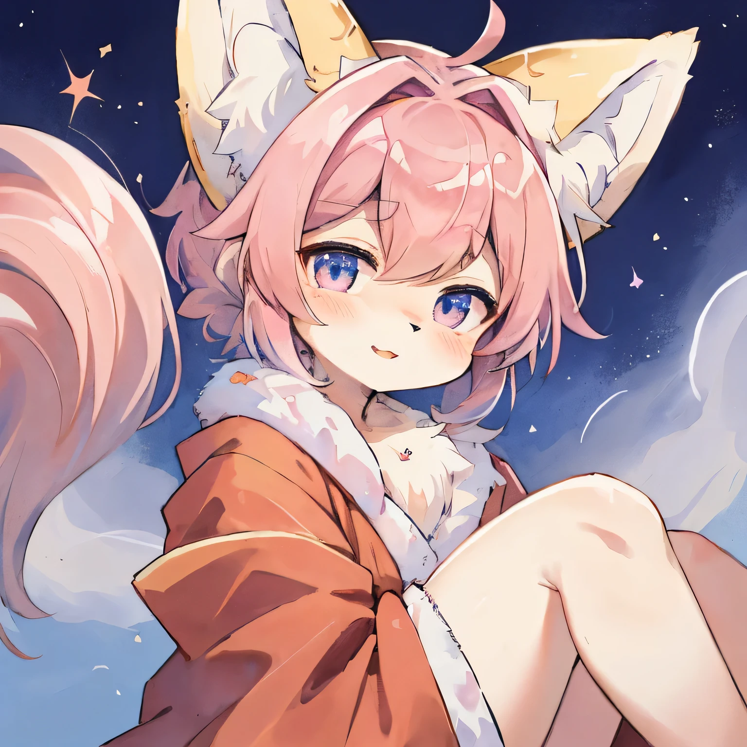 hairy, hairy beast, Female fox cub furry, Lovely, 4 Big, fluffy ears, Pink Hair, Fluffy blue and pink tail, Kimono with galaxy pattern,  Luxury, Luxurious tiara, Night sky background, blushing a little, Constellations in the sky, Stardust Trail, A glittering star-shaped birthmark on the cheek, Holding a glowing star, Furry Character Reference Sheet, Complete and detailed body, Extra detailed body, (((masterpiece))), (((best quality: 1,4)))