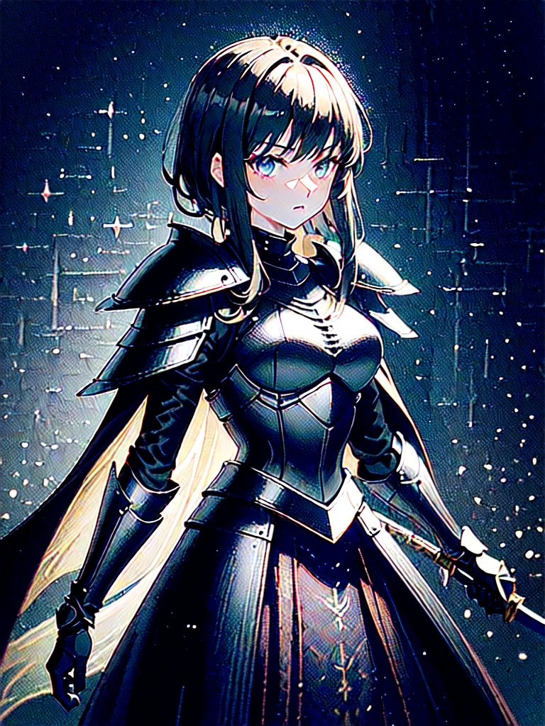 Wearing jet black armor、(masterpiece, top quality, best quality, beautiful and aesthetic:1.2), (1girl:1.3), original, high resolution, (fractal art),  surreal, arthurian legend, knights, armor, british, war, medieval,  panorama, magic, magic imbued, fantasy, swords,  expressionless,