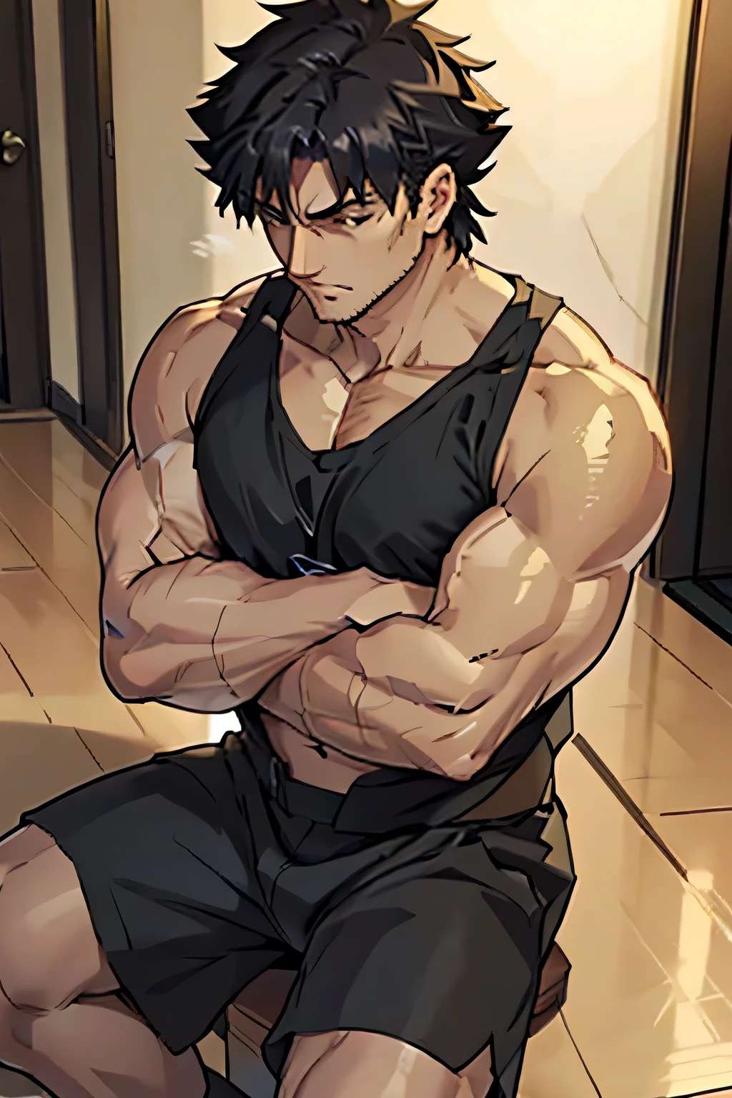 Kiritsugu is sitting and flexing his biceps and abs. He wears a black tanktop with short sleeves and black boxershorts. You can see his abs.