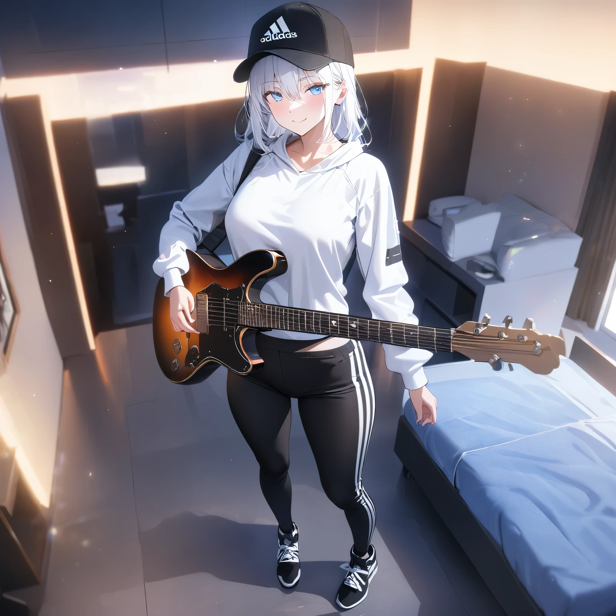 A woman wearing a white sweatshirt, black adidas pants, sports boots, ice white hair, ice blue eyes, smiling, holding an electric guitar, wearing a black cap, in a room of a modern house, standing.full body, illuminated place.,bokeh effect, atmospheric perspective, 8k , super detail, accurate, best quality, award winning, textured skin, high resolution, anatomically correct(solo woman)
