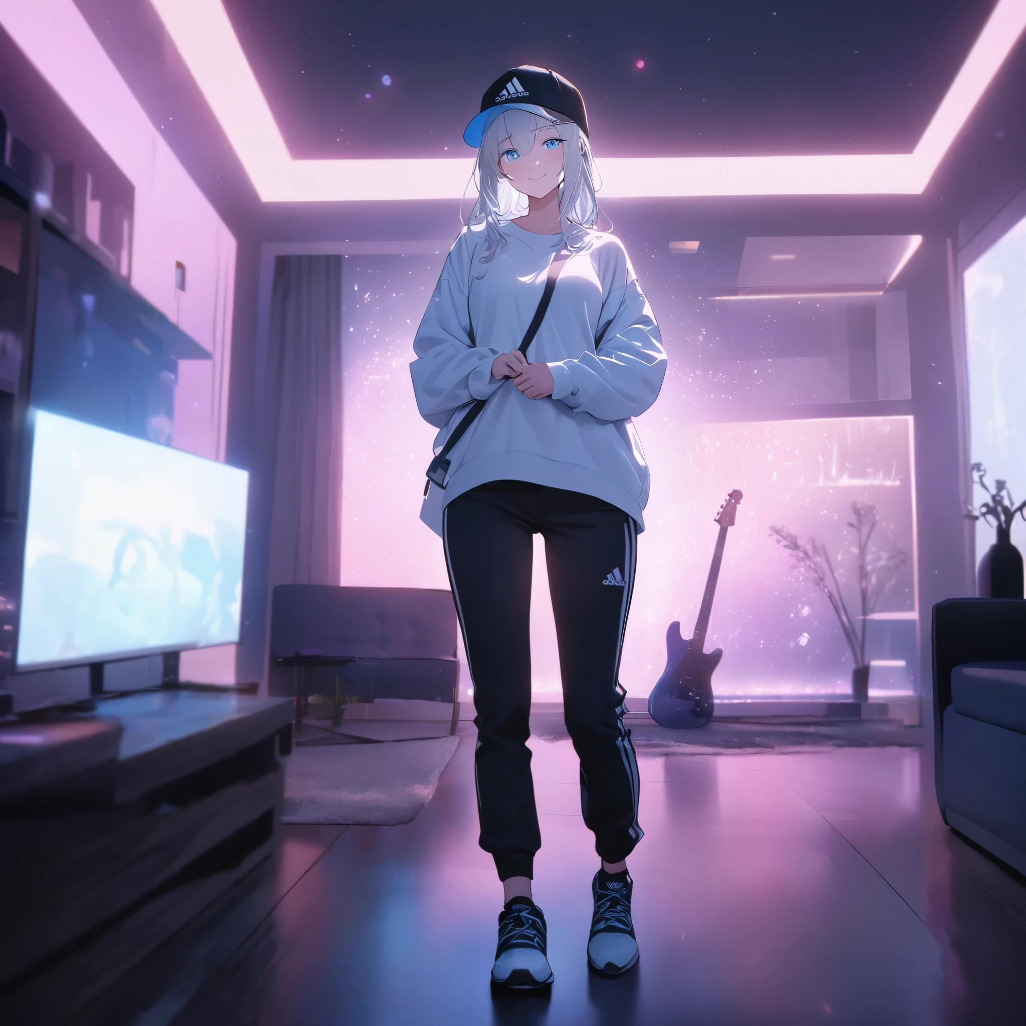 A woman wearing a white sweatshirt, black adidas pants, sports boots, ice white hair, ice blue eyes, smiling, holding an electric guitar, wearing a black cap, in a room of a modern house, standing.full body, illuminated place.,bokeh effect, atmospheric perspective, 8k , super detail, accurate, best quality, award winning, textured skin, high resolution, anatomically correct(solo woman)
