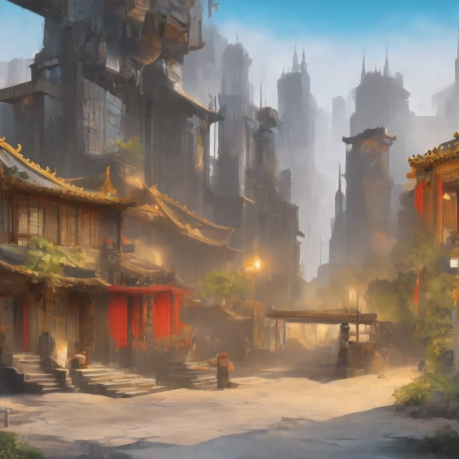 （（（watercolor））））landscape，buildings in a city with a pagoda in the middle of the city, cyberpunk chinese ancient castle, watercolor，stylized urban fantasy artwork, dreamy chinese town, concept art ， highly rendered, game art matte painting, matte painting 4k 8k, cinematic. by leng jun, in a tropical and dystopic city, 8k matte painting, 8 k matte painting，（（（watercolor）））