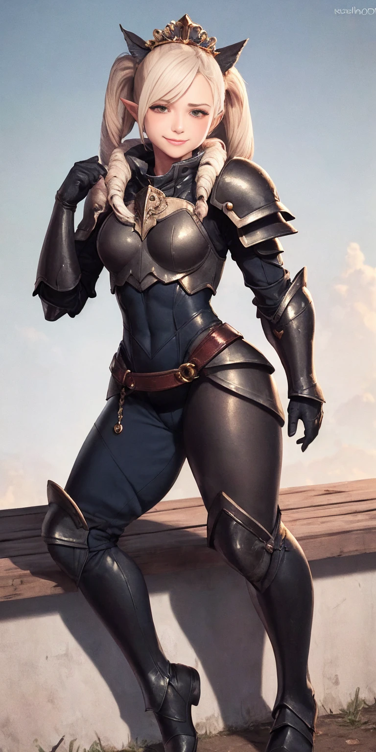 full body sitting on a bench showing ass to me, BLUE breastplate, BLUE skin (1girl)(BLUE skin:1.2) looking at viewer, shiny, armor, thigh highs, high boots, pauldrons shoulder armor, faulds, poleyn, gloves, gauntlets, rerebrace armored boots, (masterpiece, best quality, ultra-detailed, best shadow) yordle pointy ears muscular lean platinum blonde long twin-tails hairstyle at the office lustful smirking smile face red blushed, blush, strong abs, female body builder, tiara, twin drills hair