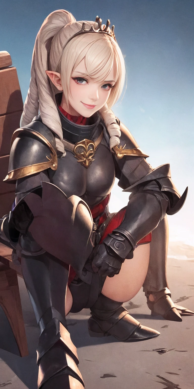 full body sitting on a bench showing ass to me, BLUE breastplate, BLUE skin (1girl)(BLUE skin:1.2) looking at viewer, shiny, armor, thigh highs, high boots, pauldrons shoulder armor, faulds, poleyn, gloves, gauntlets, rerebrace armored boots, (masterpiece, best quality, ultra-detailed, best shadow) yordle pointy ears muscular lean platinum blonde long twin-tails hairstyle at the office lustful smirking smile face red blushed, blush, strong abs, female body builder, tiara, twin drills hair