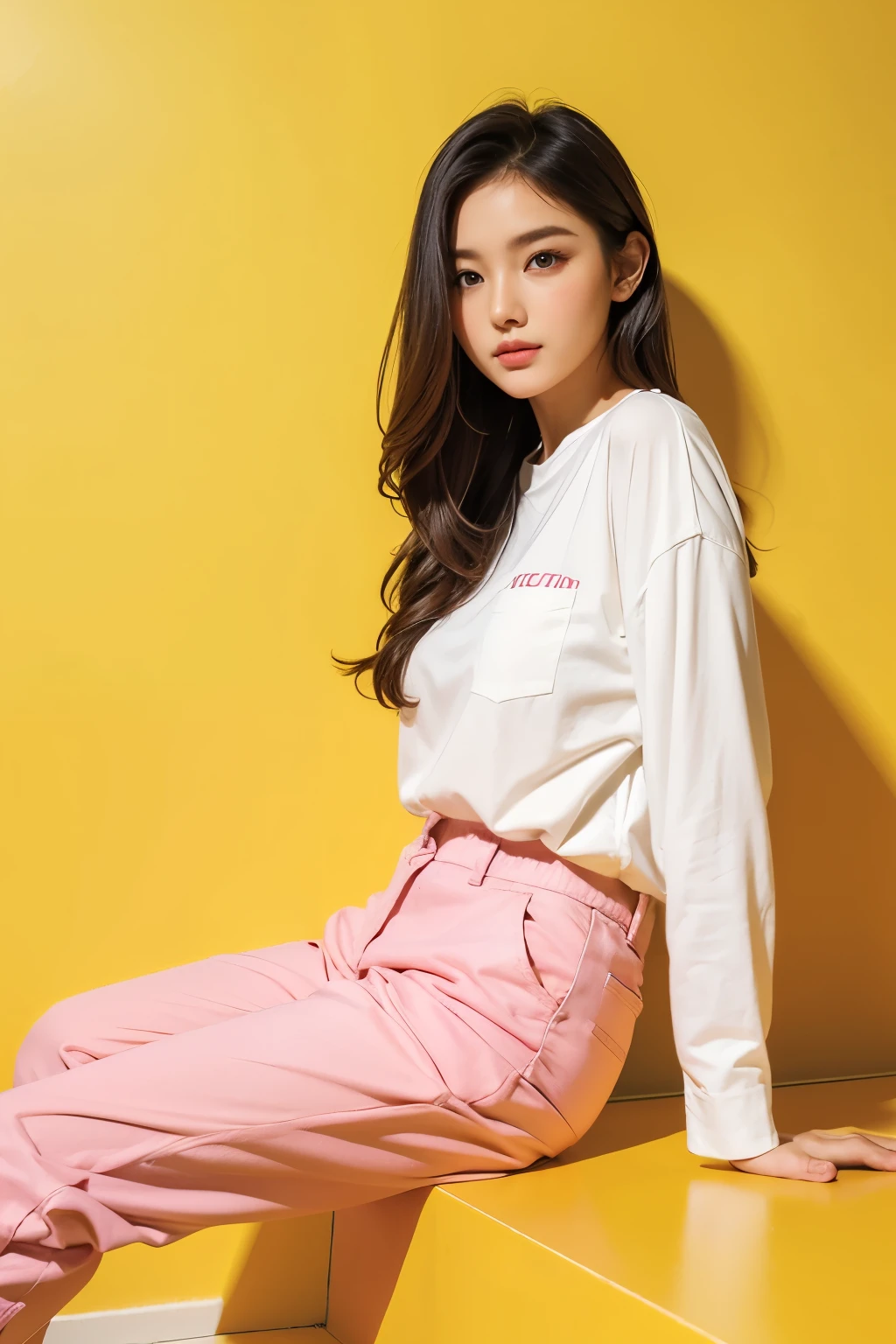 Beautiful woman sitting on yellow floor wearing white shirt and pink pants, white wall, magazine pose,