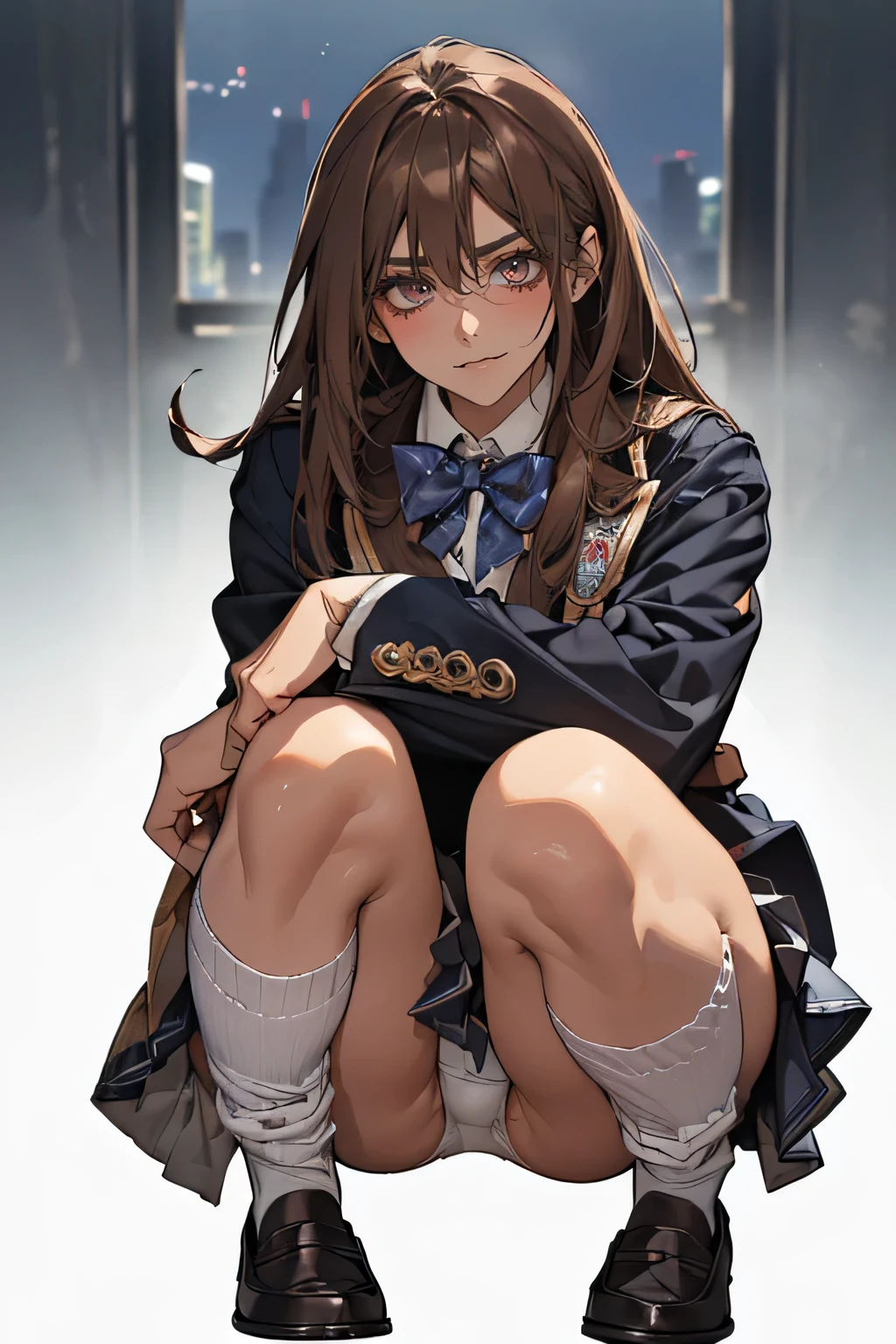 ((Perfect ???????:1.3,Realistic:1.3,RAW Photos:1.3,masterpiece、highest quality、Ultra - High resolution、High resolution、Highly detailed CG、8k)),Cowboy Shot．　　　　　　　　　　　　　　　　　　　　　　　　　　　　　　　　　1 female,alone,18-year-old、high school girl，beautiful girl,((Beautiful Eyes:1.2,Big Beautiful Eyes:1.3,)),Platinum Blonde,Long Hair,(Center parted hair:1.4,amount),Small Head:1.3,((Provocative smile))，thin,((Dark brown skin:1.5)),(Oily skin,Glowing Skin,Shiny skin,(school uniform、Dark blue blazer jacket、Checkered pleated mini skirt，White socks，Black Loafers),(Show viewers white panties)，Beautiful legs，squat.                                                                                                                              The background is a dirty back alley、((dark)),((At night))、Tokyo.