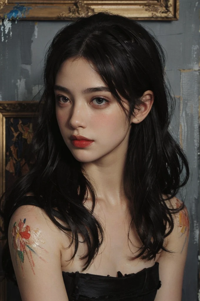 (Oil painting: 1.5),
\\
A woman with long black hair, (a detailed painting: 0.353), (Gothic art: 0.106), hairstyle