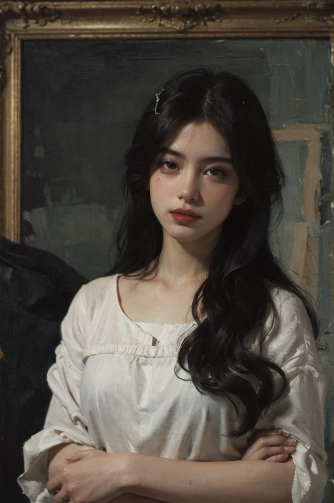 (Oil painting: 1.5),
\\
A woman with long black hair, (a detailed painting: 0.353), (Gothic art: 0.106), hairstyle