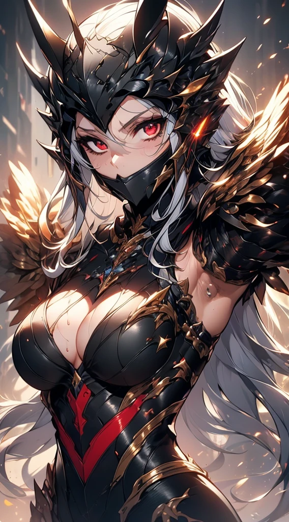 master piece, bokeh, best quality, photorealistic, ultra high resolution, 1 mature female, ultra detailed closeup portrait,
desert queen, black hijab, black niqab, black dress, dragon bone armor, intricate silver embroidery,
beautiful red eyes, ultra detailed armpit, sweaty armpit, glossy skin, gorgeous,
intricate grey background, strong back lighting, volumetric lighting, soft lighting