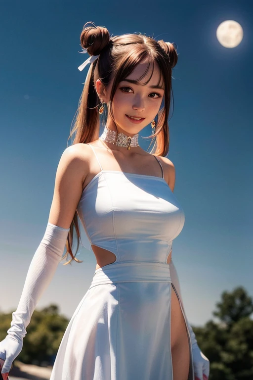aausagi, double bun, twintails, parted bangs, circlet, jewelry, earrings, choker, red bow, white gloves, elbow gloves, blue skirt, standing, outdoors, bright light on the face,
( moon background:1.1),cowboy shot,
best quality, highly detailed,photorealistic, realistic, masterpiece, absurdres, detailed skin texture, (detailed eyes, deep eyes,detail hair:1.0),remarkable detailed pupils,
1girl,solo,(smile:1.2),(happy:1.1), narrow waist,large breasts,