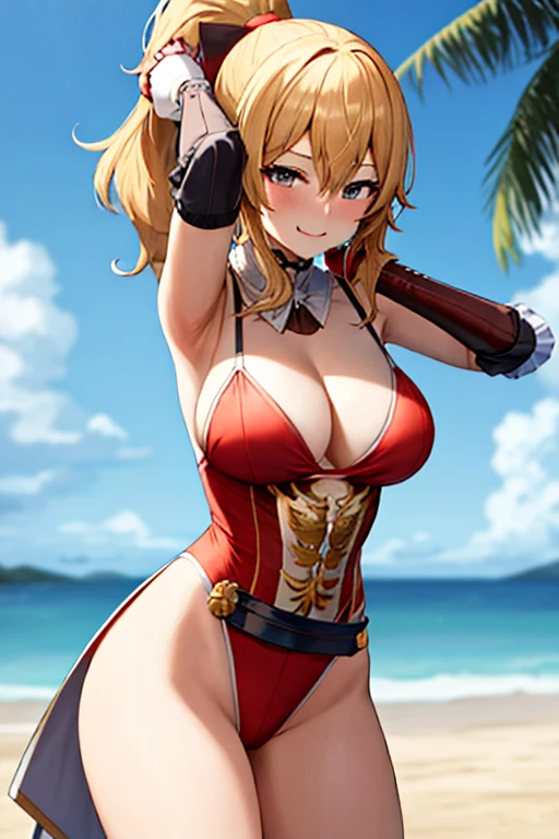 masterpiece, best quality, beautiful art, high resolution, well formed hands, body and fingers, 1 woman, solo, Jean Gunnhildr, grown up, adult, cosplaying as Maki Genryusai , adult, big ed, cleavabody, long hair, hair ribbon, gorgeous legs and, thighs, sexy and skimped kimono, pelvic curtain, underwear peek, sexy Japanese clos, hair ornament, elbow gloves, dancing seductively and erotically, turning ds and forwards, showing her back and front, showing her butt, t back, bikini  thongiling joyfully, sweating ,looking at the viewer, flirting, biting her lips, beach environment 