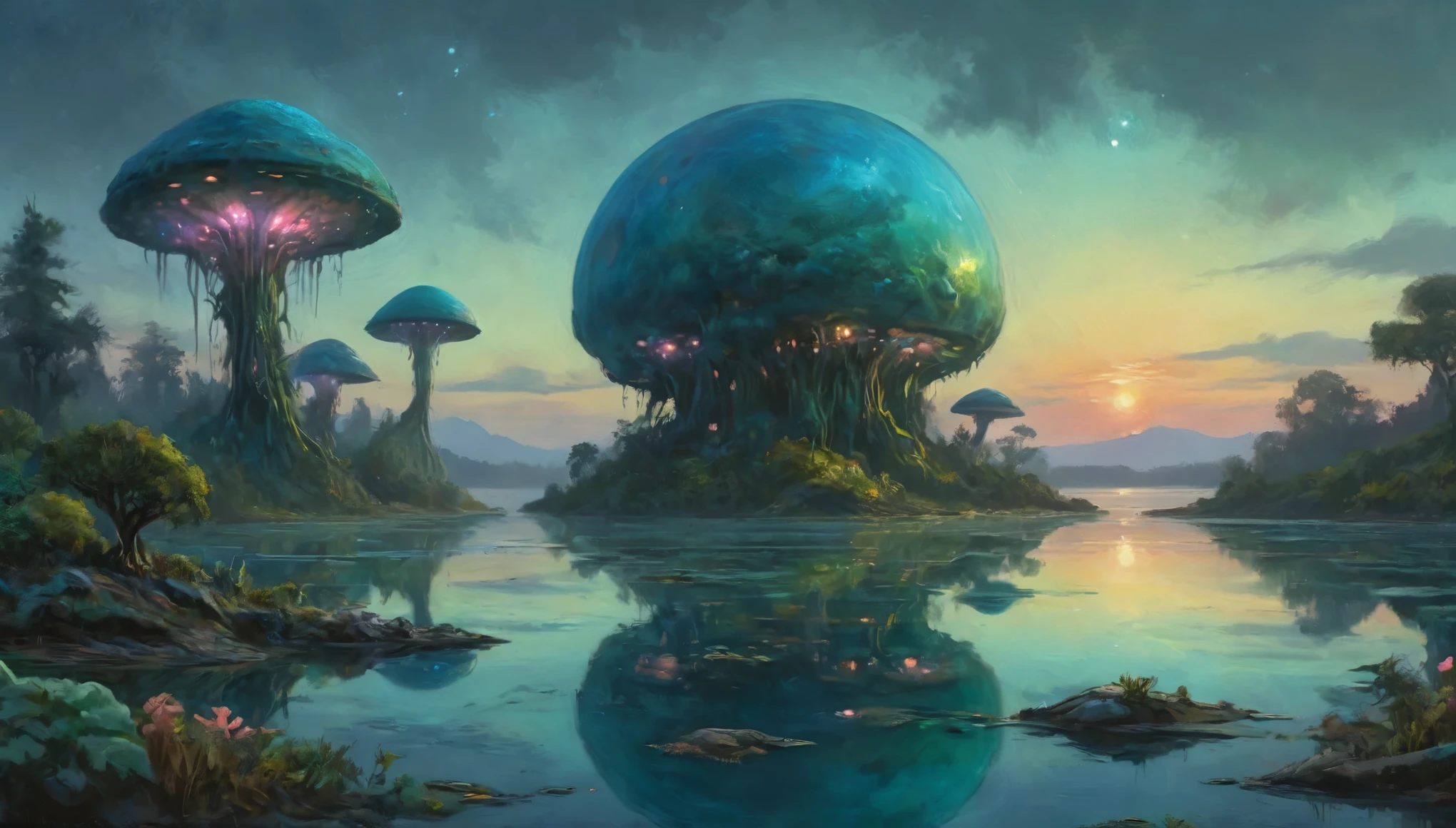 A vast alien fungoid world, bioluminescent structures, twilight, watercolor landscape, (best quality,4k,8k,highres,masterpiece:1.2),ultra-detailed,(realistic,photorealistic,photo-realistic:1.37),dramatic lighting,ethereal atmosphere,lush flora,vibrant colors,alien foliage,floating islands,tranquil lakes,reflections,fantasy art,cinematic composition,muted tones,dreamlike,mystical