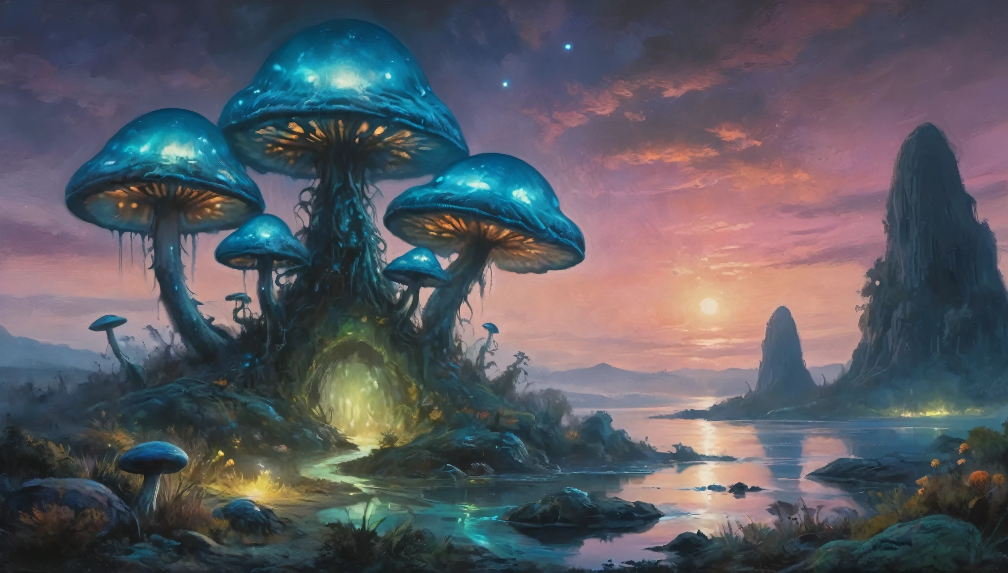 A highly detailed, hyper-realistic alien fungoid world, bioluminescent structures, twilight, watercolor landscape, vibrant colors, dramatic lighting, ethereal, glowing mushrooms, floating islands, alien flora and fauna, serene atmosphere, mystical, imaginative, stunning scenery, otherworldly, beautiful detailed alien landscape, photorealistic, 8k, best quality