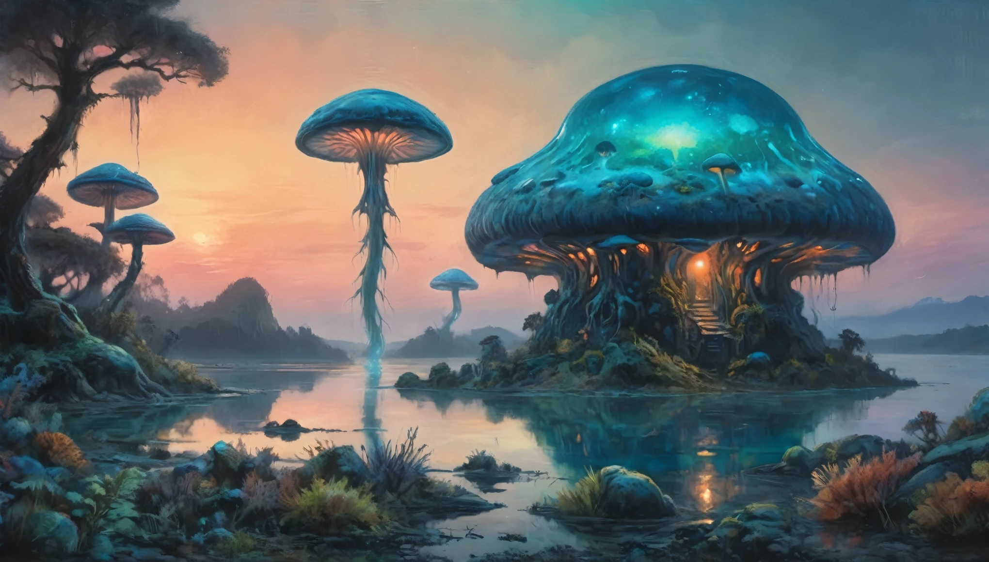 A highly detailed, hyper-realistic alien fungoid world, bioluminescent structures, twilight, watercolor landscape, vibrant colors, dramatic lighting, ethereal, glowing mushrooms, floating islands, alien flora and fauna, serene atmosphere, mystical, imaginative, stunning scenery, otherworldly, beautiful detailed alien landscape, photorealistic, 8k, best quality