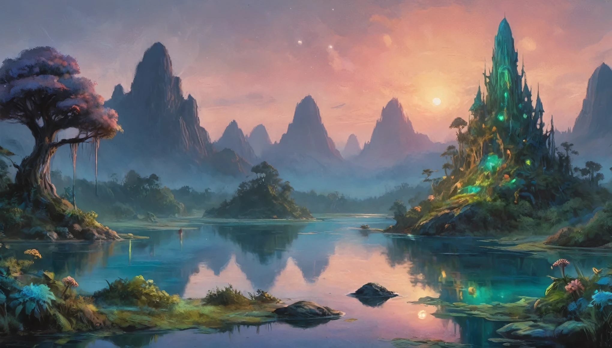 A vast alien fungoid world, bioluminescent structures, twilight, watercolor landscape, (best quality,4k,8k,highres,masterpiece:1.2),ultra-detailed,(realistic,photorealistic,photo-realistic:1.37),dramatic lighting,ethereal atmosphere,lush flora,vibrant colors,alien foliage,floating islands,tranquil lakes,reflections,fantasy art,cinematic composition,muted tones,dreamlike,mystical