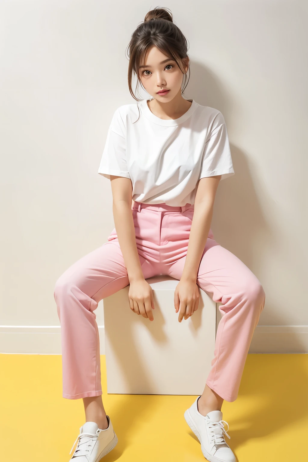 Beautiful woman sitting on yellow floor wearing white shirt and pink pants, white wall, magazine pose,