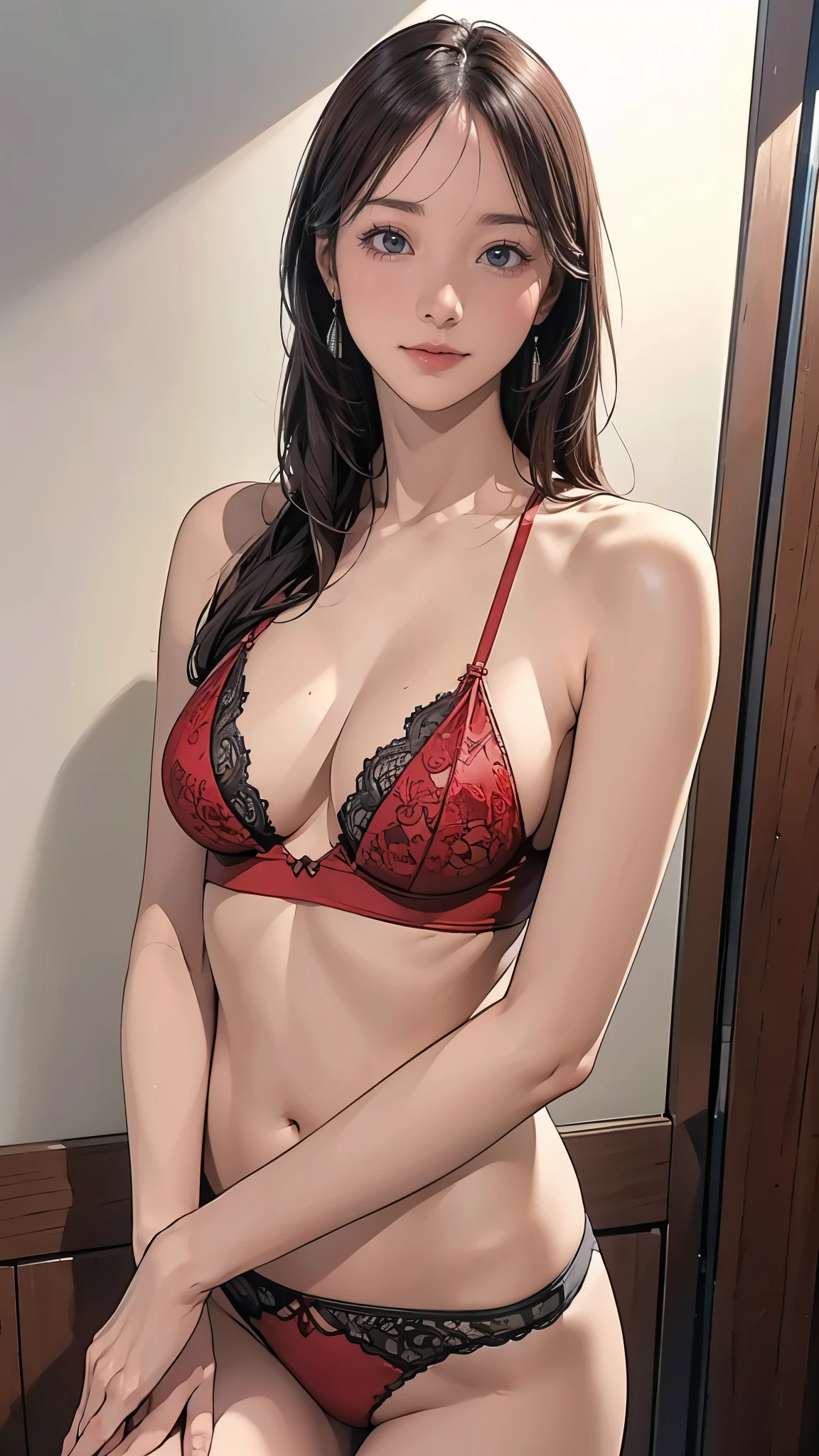(masterpiece:1.2, highest quality), (Realistic, photoRealistic:1.4), Beautiful illustrations, (Natural Side Lighting, Cinema Lighting), Written boundary depth, Beautiful thighs staring at the viewer, (Face Focus, Upper Body), 1 female,20-year-old,alone,(With background:Hotel Rooms) , thin, slender, long, Straight Hair, Forehead, thin, slender, Small , Red lace underwear, Earrings, Are standing