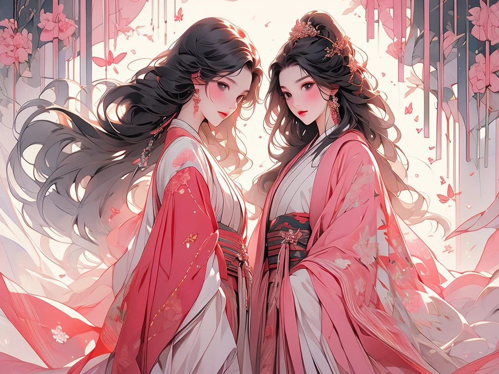 juunihitoe,(masterpiece, highest quality, highest quality,aesthetics:1.2),From the side,Esbian all over,1300 years ago,Japan_Heian period,noble,(1Beautiful Princess Straight Hair Long beautiful black hair wealthy),(kimono Gentle pink hue The beauty of layered colors),Silk luster,Layered collar,Wide sleeves,Long hakama hem,dream-like,Elegant,highest quality,Beautiful graphics, Ultra Detail,butterfly,Fresh,The background is minimal,Image of a transparent robe,melt,Beyond eternity