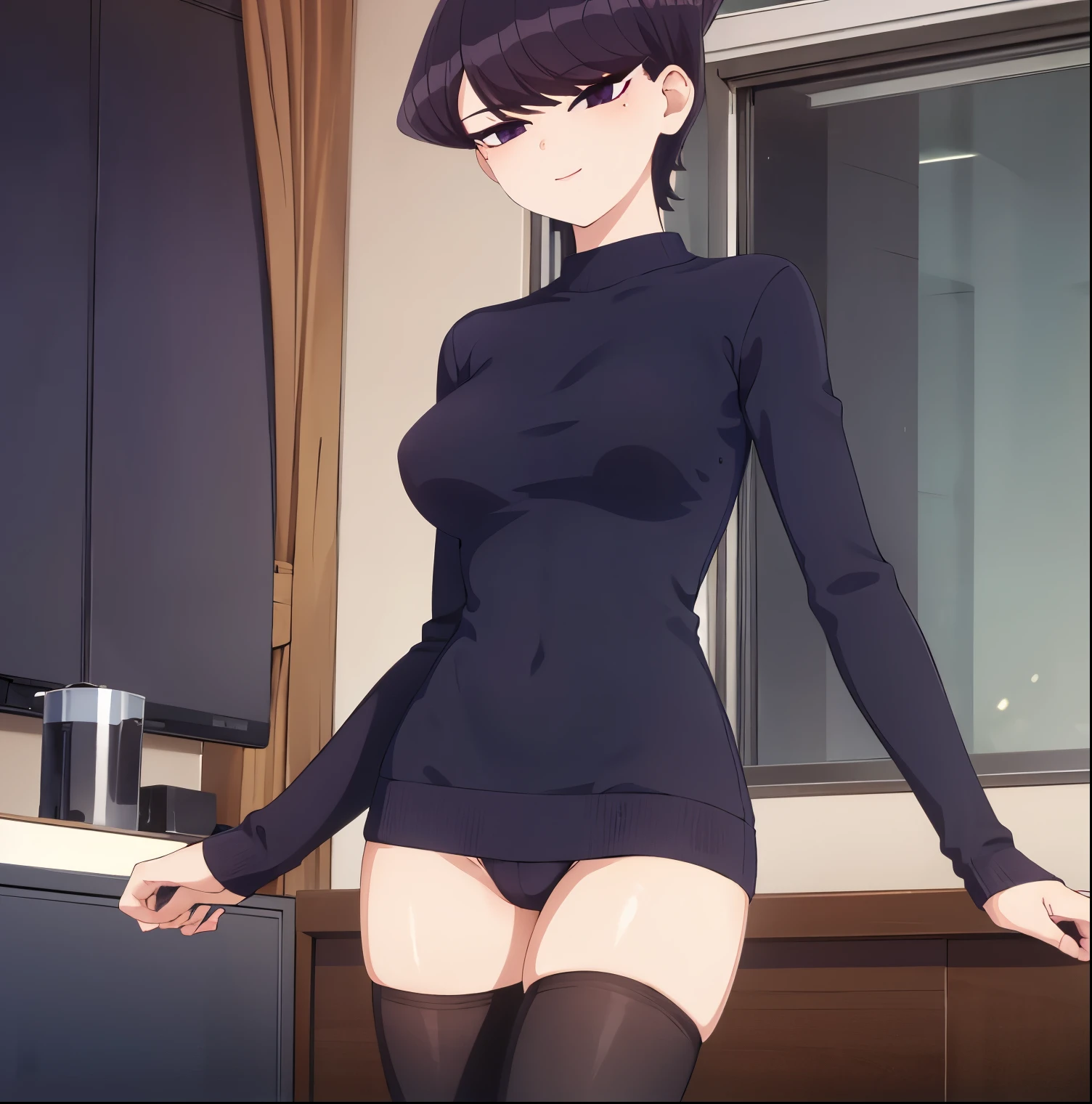 1 girl, alone, komi shuuko, short hair, dark purple hair, parted on the left side of the head, dark purple eyes, smiling, seductive, makeup, light pink lipstick, black sweater, ribbed sweater, black heels, big breasts , medium waist, medium hips, medium thighs, round butt, living room, standing, looking at viewer, head on, pov (from below), night, open window, good lighting, perfect hands, perfect anatomy,